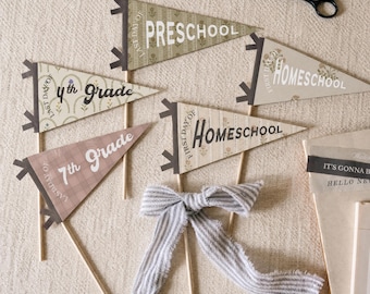 Girls First Day of School Flags Printable Back to School Pennant Flags Preschool - 12th Grade Bundle First Day of Preschool PreK Homeschool