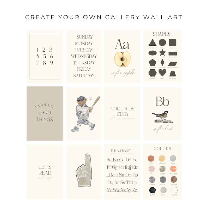 Playroom or nursery prints designed to support foundational skills