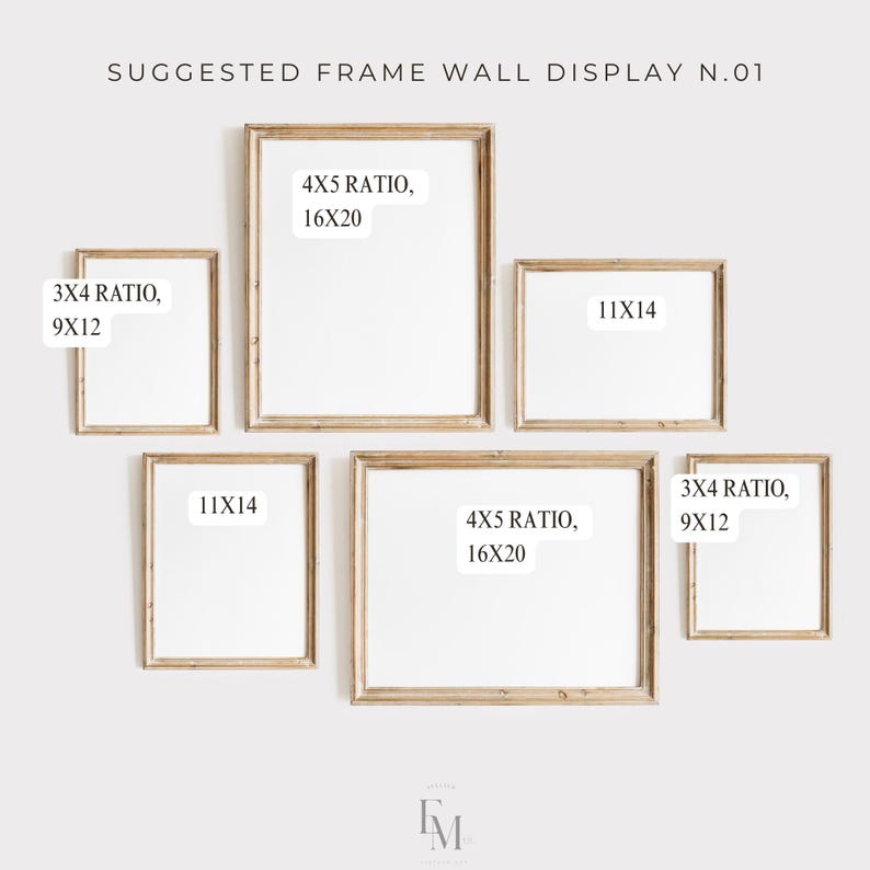 May include: A suggested frame wall display with six frames in various sizes and ratios. The frames are arranged in a staggered pattern on a white wall. The frames are all made of natural wood and have a light brown finish. The text on the frames reads "3x4 Ratio, 9x12", "4x5 Ratio, 16x20", and "11x14".