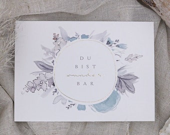 Du bist wunderbar Postkarte ~ Spruchkarte Aquarell nordisch Aufmerksamkeit floral Aquarell Muttertag Freundschaft Partner Blumen Gold DIN A6