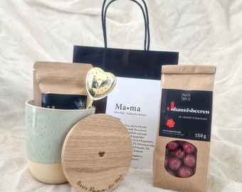 Muttertag Geschenktüte Keramik / Steingut Tasse / Becher, Tee, Teesieb, Untersetzer, Schokolade, Postkarte Geschenk Geschenkset Gravur Mama