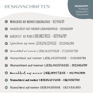 May include: A graphic display titled DESIGNSCHRIFTEN showing ten numbered font styles. Each line features the text WUNSCHTEXT AUF MEINER LIEBLINGSTASSE - 0123456789 in a unique typeface. A top right corner box provides a design tip for combining fonts.