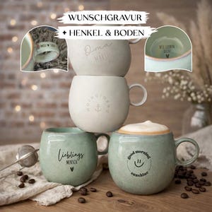 Personalisierte Steingut Tasse 500ml mit Gravur – handmade Keramik Becher Blau-Grün oder Weiß mit Wunschgravur als individuelles Geschenk