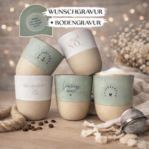 Personalisierter Steingut Becher 300ml mit Gravur – handmade Keramik Tasse Blau-Grün oder Weiß mit Wunschgravur als individuelles Geschenk