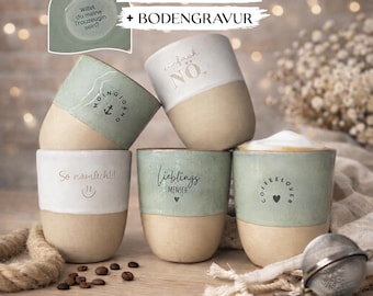 Personalized stoneware mug 300ml with engraving – handmade ceramic cup in blue-green or white with custom engraving as a unique gift