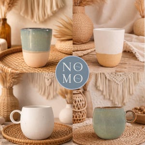 May include: A collection of four ceramic mugs featuring two distinct designs. Two mugs are tall and cylindrical with a two-tone finish, while two are rounded with handles. The colors include a blue-green gradient and a speckled off-white finish.
