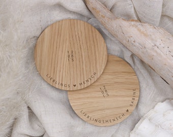 Set of 2 coasters wood oak design "Favorite person" individual gift idea love partner wedding customizable with date name