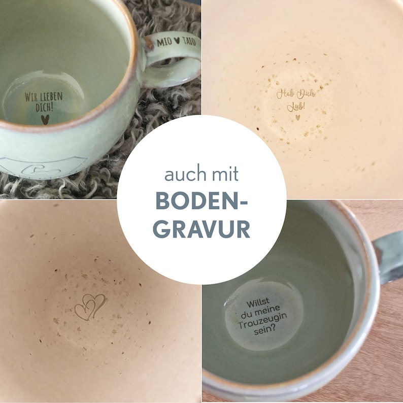 May include: A collection of ceramic mugs featuring interior base engravings. The mugs display various German phrases including WIR LIEBEN DICH, HAB DICH LIEB, and WILLST DU MEINE TRAUZEUGIN SEIN, alongside a heart symbol and the text MIO TAIO.