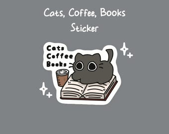 Katt, kaffe och böcker klistermärke