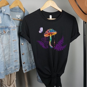 Mushroom T-shirt, Psychedelic mushroom tshirt, forest mushroom tshirt, butterfly mushroom, colorful mushroom tshirt, purple, ferns