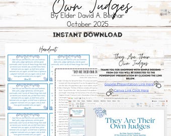 May include: A digital download product with the title "They Are Their Own Judges" by Elder David A. Bednar. The design includes a lesson plan, editable PowerPoint with 25+ slides, and links for Canva and Google Slides. The design is in shades of blue and white.