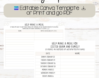 May include: Two printable sign-up sheets with the text "Compassionate Service Meal Sign Up Sheets." One sheet is for general volunteers, the other is for specific family meals. The sheets include space for names and notes.