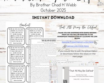 以下が含まれることがあります： 2025年10月、Brother Chad H Webbによる「That All May Be Edified」というタイトルのデジタルダウンロード製品。デザインには、レッスン計画、編集可能なPowerPointスライド、CanvaとGoogleスライドのリンク、ハンドアウトが含まれています。この製品はインスタントダウンロードです。
