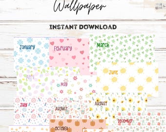 May include: A set of 12 digital desktop wallpapers featuring a different pattern for each month of the year. The patterns include snowflakes, hearts, shamrocks, Easter eggs, flowers, fireworks, sunflowers, pumpkins, and autumn leaves.