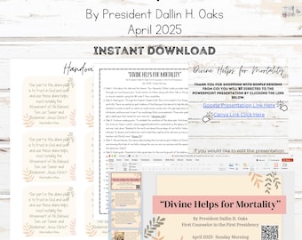 以下が含まれることがあります： 大統領ダリン・H・オークスによる「死すべき運命のための神の助け」というタイトルのデジタルダウンロードグラフィック、2025年4月。画像には、レッスン計画、30枚のスライドを備えた編集可能なPowerPoint、CanvaとGoogleスライドのリンク、およびハンドアウトが含まれています。
