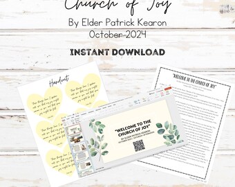 Puede incluir: Una descarga digital para un plan de lección, una presentación de PowerPoint y un folleto sobre el tema "Bienvenido a la Iglesia de la Alegría" por el Elder Patrick Kearon. La imagen incluye un fondo de acuarela verde con un código QR y el texto "Bienvenido a la Iglesia de la Alegría" en un cuadro blanco.
