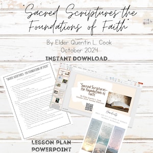 Puede incluir: Un plan de lección imprimible, una presentación de PowerPoint y un folleto para una lección sobre las Escrituras Santas. El título de la lección es "Escrituras Santas - Los Fundamentos de la Fe" por el Elder Quentin L. Cook, octubre de 2024. El folleto incluye una cita del Libro de Mormón.