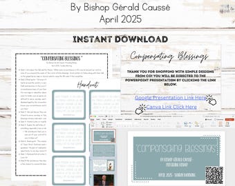 以下が含まれることがあります： 2025年4月、Bishop Gérald Causséによる「Compensating Blessings」というタイトルのデジタルダウンロード製品。画像には、レッスン計画、25枚のスライドの編集可能なPowerPoint、CanvaとGoogle Slidesのリンク、ハンドアウトが含まれています。デザインは明るい木材の背景にあります。