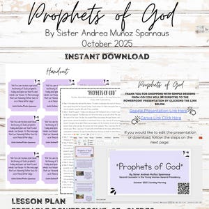 Puede incluir: Un producto de descarga digital titulado "Prophets of God" por la hermana Andrea Muñoz Spannaus, octubre de 2025. El diseño incluye un plan de lecciones, PowerPoint editable con más de 23 diapositivas, enlaces de Canva y Google Slides y un folleto.