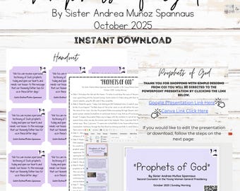 May include: A digital download product titled "Prophets of God" by Sister Andrea Muñoz Spannaus, October 2025. The design includes a lesson plan, editable PowerPoint with 23+ slides, Canva and Google Slides links, and a handout.