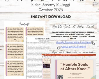 May include: A digital download graphic with the title "Humble Souls at Altars Kneel" by Elder Jeremy R. Jaggi, October 2025. Includes a lesson plan, editable PowerPoint with 24+ slides, Canva and Google Slides links, and a handout.