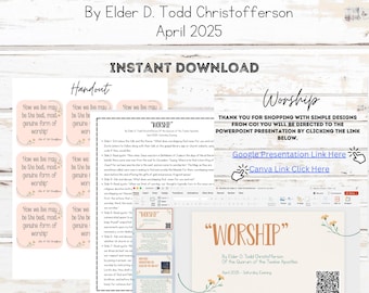 以下が含まれることがあります： エルダーD.トッド・クリストファーソンによる「Worship」というタイトルのデジタルダウンロード製品。デザインには、レッスン計画、編集可能なPowerPoint、Canva、Googleスライドのリンク、ハンドアウトが含まれています。配色は主に白とベージュです。