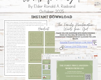 May include: A digital download graphic with the text "The Family Proclamation - Words from God" by Elder Ronald A. Rasband, October 2025. Includes a lesson plan, editable PowerPoint with 25+ slides, Canva, Google Slides link, and handout.