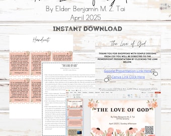 以下が含まれることがあります： Elder Benjamin M. Z. Taiによる「The Love of God」というタイトルのデジタルダウンロード製品、2025年4月。レッスン計画、30枚のスライドの編集可能なPowerPoint、CanvaとGoogle Slidesのリンク、ハンドアウトが含まれています。デザインは花のアクセントが特徴です。