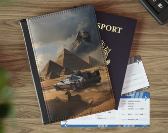 Couverture de passeport Retour vers le futur DeLorean dans l'Egypte ancienne