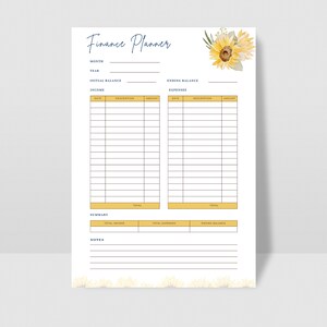 Sunflower Themed Budget Planner Printable | Yellow and Green Finance ...