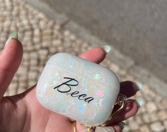 Cute Holographic Shell Custom Name AirPod Case,Personalized AirPod Pro Case , Protective AirPod 3 Case Keychain, Personalised Gift For Her