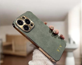 Personalized Suede Leather Case For iPhone 17 16 15 Pro Max 14 13 12 11 Pro Custom Initials Engraving Phone Cover for iPhone, Gift For Her