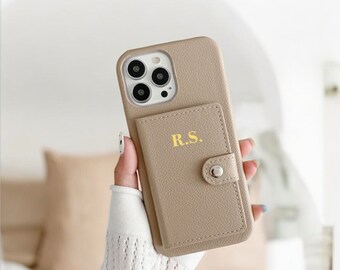 Personalized Leather iPhone Case For iPhone 17 16 15 Pro Max 14 Pro 13 12 With Card Holder Custom Initial Monogram Engraved Gift For Her Him