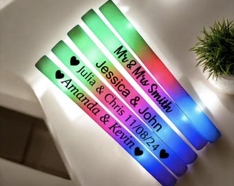 Customizable LED Foam Glow Sticks, Wands, Light Up LED Foam Stick. Multi or Single Color Flashing Glow Personalized Wedding Party Favor