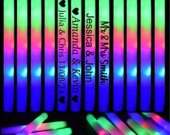 Customizable LED Foam Glow Sticks, Wands, Light Up LED Foam Stick. Multi or Single Color Flashing Glow Personalized Wedding Party Favor
