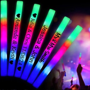 Customizable LED Foam Glow Sticks, Wands, Light Up LED Foam Stick. Multi or Single Color Flashing Glow Personalized Wedding Party Favor