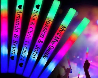 Customizable LED Foam Glow Sticks, Wands, Light Up LED Foam Stick. Multi or Single Color Flashing Glow Personalized Wedding Party Favor