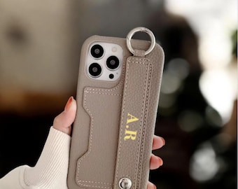 Coque de téléphone personnalisée en cuir pour iPhone 17 16 15 Pro Max 14 Pro 13 12 avec sangle porte-cartes monogramme initial personnalisé gravé cadeau pour elle