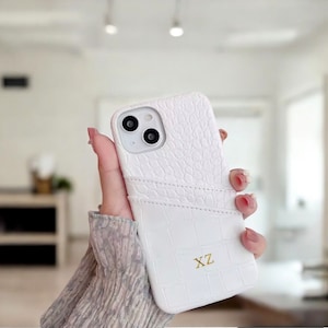 Porte-cartes personnalisé en cuir croco pour iPhone 16 15 Pro Max 14 13 12 11 monogramme initial personnalisé gravé cadeau pour elle
