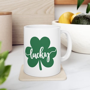 Lucky Clover, St Patricks Day, Lucky, Leprechaun, Lucky Rainbow, St Paddys Day, Shamrock Gift, Irish Coffee Mug, Ceramic Mug, 11oz
