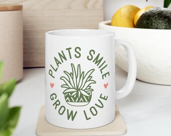 Pflanzen Lächeln wachsen Liebe, Pflanzendame Becher, Pflanzengeschenk, Pflanzenliebhaber, Pflanzenliebhaber, Gärtnerin, Gärtnerkaffeetasse, Pflanzenliebhaber Becher