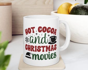 Weihnachtsfilm-Liebhaber-Becher, heiße Kakaotasse, Feiertagsgeschenkidee, festliche Kaffeetasse, Winter-Dekor, weiße Keramikbecher, 11 Unze, 15 Unze