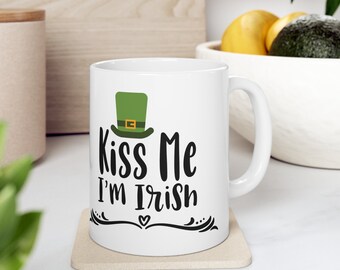 Kiss Me I Am Irish, St Patricks Day, Lucky, Leprechaun, Lucky Rainbow, St Paddys Day, Shamrock Gift, Irish Coffee Mug, Ceramic Mug, 11oz