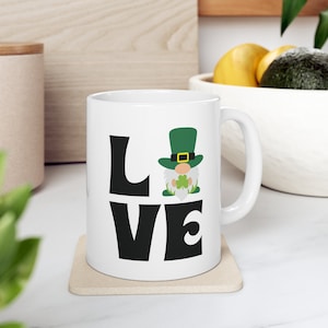 Love (Gnome), St Patricks Day, Lucky, Leprechaun, Lucky Rainbow, St Paddys Day, Shamrock Gift, Irish Coffee Mug, Ceramic Mug, 11oz