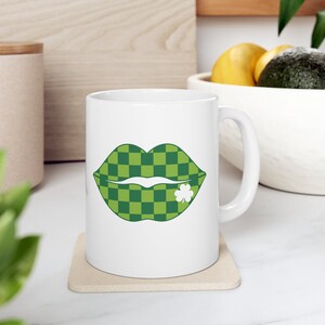 Checkered Lips, St Patricks Day, Lucky, Leprechaun, Lucky Rainbow, St Paddys Day, Shamrock Gift, Irish Coffee Mug, Ceramic Mug, 11oz