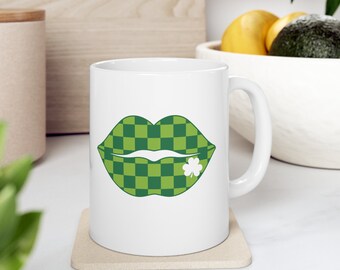 Checkered Lips, St Patricks Day, Lucky, Leprechaun, Lucky Rainbow, St Paddys Day, Shamrock Gift, Irish Coffee Mug, Ceramic Mug, 11oz