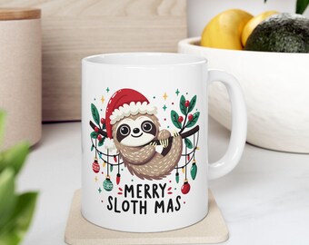Keramiktasse - Faultier Weihnachtstasse, Frohe Faultier-Mas, Urlaub Kaffeetasse, Festliche Teetasse, Lustiges Weihnachtsgeschenk