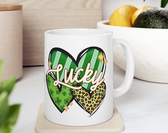 Lucky Shamrocks, Lucky, Leprechaun, St Patricks Day Gift, March Gift, St Paddys Day, Shamrock Gift, Irish Coffee Mug, Ceramic Mug, 11oz
