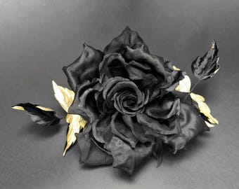 Black Rose Brooch, Silk Flower Brooch, Vintage Black Flower, Artificial Flower Pin