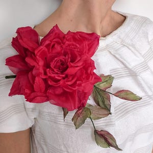 Cherry Red Rose Brooch, Silk Rose pin, Wedding accessories